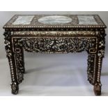 A GOOD QUALITY 19TH CENTURY CHINESE MARBLE INSET & MOTHER-OF-PEARL INLAID HARDWOOD ALTER TABLE,