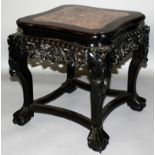 A 19TH CENTURY CHINESE MARBLE INSET HARDWOOD STAND, of concave square form with pierced and carved