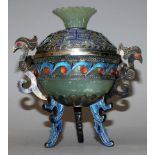 A GOOD QUALITY 20TH CENTURY CHINESE GREEN BOWENITE & ENAMELLED SILVER-METAL TRIPOD CENSER & COVER,