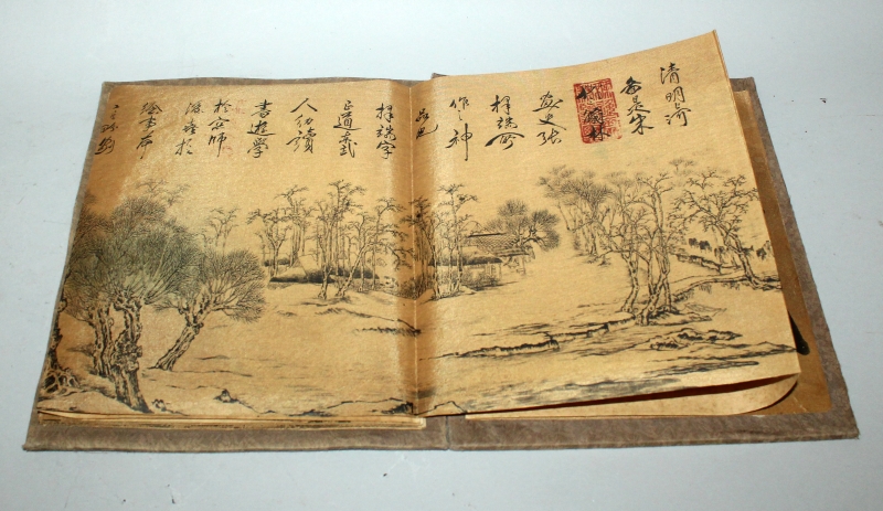 A CHINESE PICTURE BOOK, with fabric covers, opening to reveal a long folding continuous scene on - Image 3 of 10