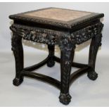 ANOTHER 19TH CENTURY CHINESE MARBLE INSET HARDWOOD STAND, of square form with a carved and pierced