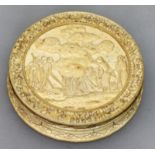 AN UNUSUAL GOOD QUALITY 19TH CENTURY CHINESE CANTON INDIAN MARKET CIRCULAR IVORY BOX & COVER, the