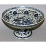 A CHINESE MING STYLE BLUE & WHITE PORCELAIN TAZZA, the interior centre decorated with a dragon and a