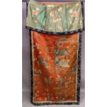 A GOOD LARGE 19TH CENTURY CHINESE EMBROIDERED SILK WALL HANGING, decorated in satin stitching and