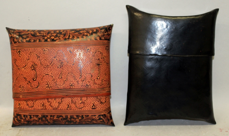 TWO SOUTH-EAST ASIAN LACQUERED REED WORK PURSES, with removable covers, 8.1in x 6.4in & 6.8in x 7.
