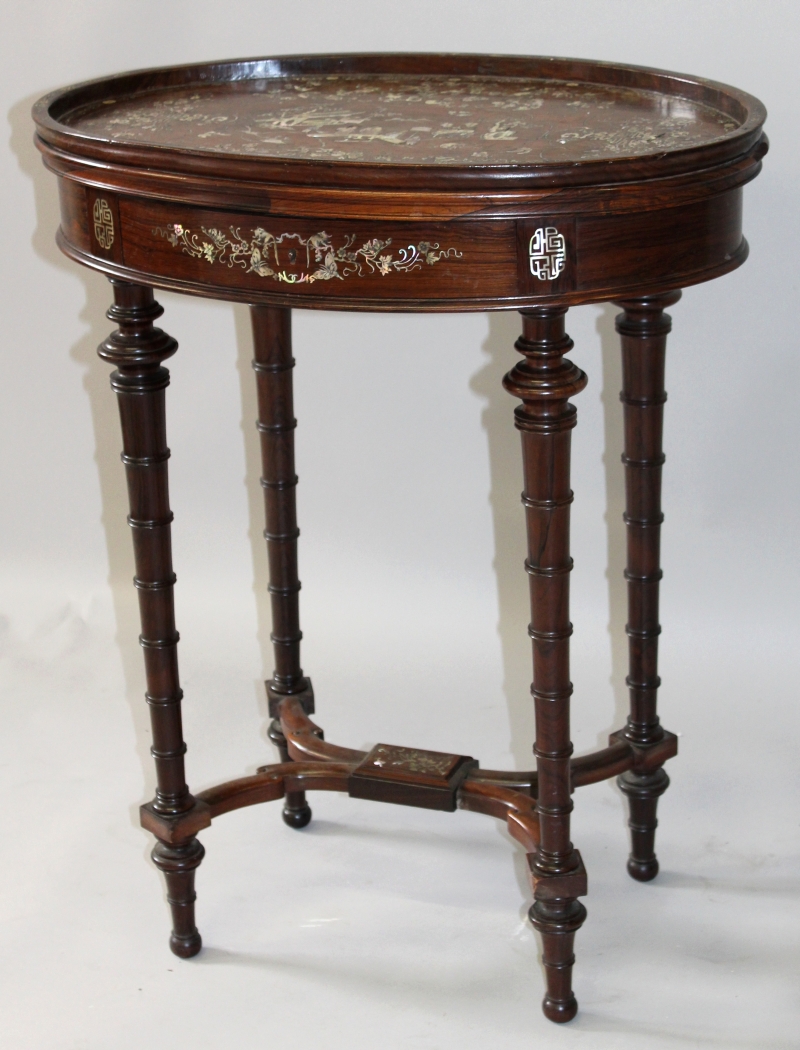 A GOOD 19TH CENTURY CHINESE MOTHER-OF-PEARL INLAID OVAL HARDWOOD TABLE, the inset tray top decorated