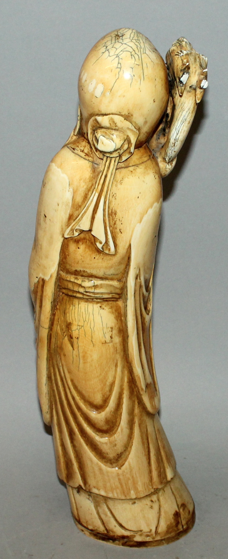 A GOOD LARGE 19TH/20TH CENTURY CHINESE STAINED IVORY FIGURE OF SHOU LAO, standing with a dragon- - Image 3 of 7