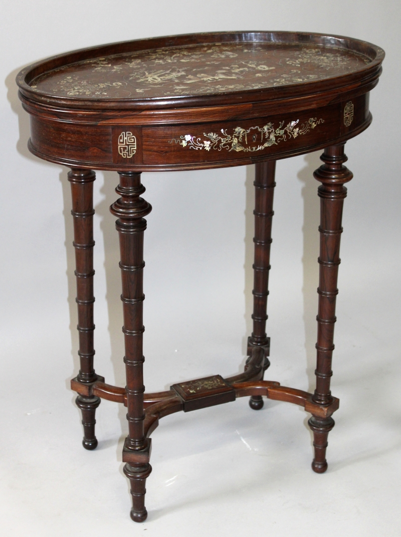 A GOOD 19TH CENTURY CHINESE MOTHER-OF-PEARL INLAID OVAL HARDWOOD TABLE, the inset tray top decorated - Image 2 of 3