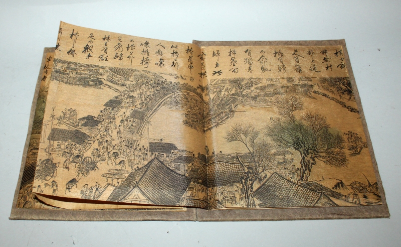 A CHINESE PICTURE BOOK, with fabric covers, opening to reveal a long folding continuous scene on - Image 6 of 10