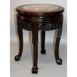 ANOTHER 19TH CENTURY CHINESE MARBLE INSET HARDWOOD STAND, of circular form with a carved and pierced