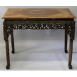 A GOOD 19TH CENTURY CHINESE CARVED HARDWOOD RECTANGULAR TABLE, with a well carved and pierced frieze