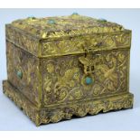 A CHINESE TANG STYLE GILT METAL CASKET, 19th Century or earlier, of square section with a hinged