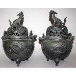 A LARGE PAIR OF 19TH/20TH CENTURY CHINESE BRONZE CENSERS & COVERS, weighing together 8.89Kg in