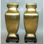 A GOOD PAIR OF 19TH CENTURY CHINESE POLISHED SQUARE-SECTION BRONZE VASES, together with fitted