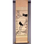 AN ORIENTAL HANGING SCROLL PAINTING ON PAPER IN THE MANNER OF QI BAISHI, painted with calligraphy,