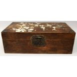 A 19TH CENTURY CHINESE INLAID RECTANGULAR WOOD BOX, the hinged cover inlaid in mother-of-pearl and