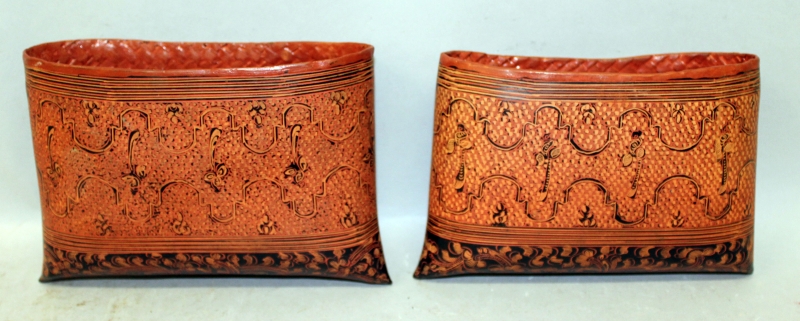 TWO SOUTH-EAST ASIAN LACQUERED REED WORK PURSES, with removable covers, 8.1in x 6.4in & 6.8in x 7. - Image 4 of 8
