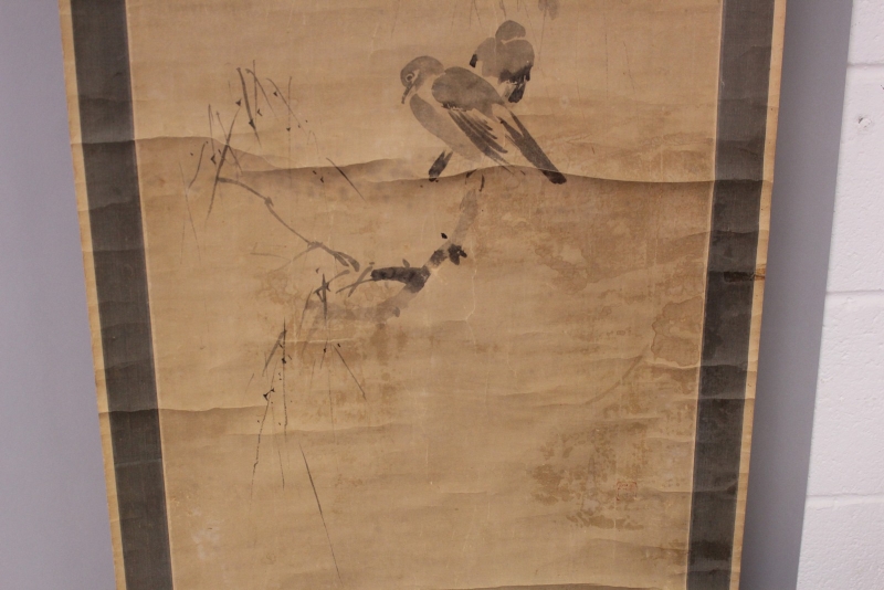 AN ORIENTAL HANGING SCROLL PAINTING ON PAPER, painted with an artist's seal and two birds perched on - Image 4 of 6