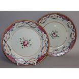 TWO 18TH CENTURY CHINESE FAMILLE ROSE PLATES. 8.5ins diameter.