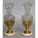 A GOOD PAIR OF PALAIS ROYAL GLASS ORMOLU AND MARBLE VASES. 9ins high.