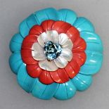 A GOOD CAPELLO TURQUOISE, CORAL, MOTHER-OF-PEARL AND AQUAMARINE FLOWER BROOCH. Signed CAPELLO 750.