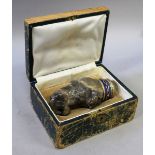 A SUPERB CARVED HARDSTONE ELEPHANT HEAD SNUFF BOX with diamond eyes, gold, blue enamel, seed