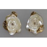 A GOOD PAIR OF PUTTINI OF CAPRI MOTHER-OF-PEARL, GOLD AND DIAMOND "FLOWER" EAR CLIPS. Signed