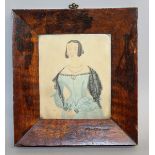 A VICTORIAN NAIVE WATERCOLOUR PORTRAIT, THREE QUARTER LENGTH OF A WOMAN. 5ins x 4ins, in a