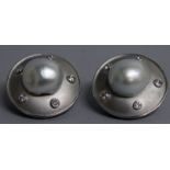 A LARGE PAIR OF 18CT WHITE GOLD DIAMOND AND BOREAL PEARL SET EAR CLIPS.