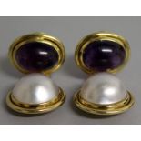 A GOOD PAIR OF AMETHYST AND PEARL EAR CLIPS, set in yellow gold.