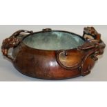 A GOOD LARGE CHINESE BRONZE CIRCULAR CENSER, the body engraved with figures and with two applied