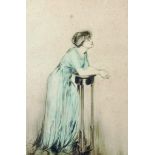 Stevens (20th Century) British. A Lady Dressed in Blue, Coloured Etching, Indistinctly Signed and