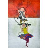 Graciela Rodo Boulanger (1935- ) Bolivian. Two Young Girls with Skipping Ropes, Etching, Signed