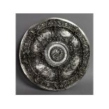 A GOOD ELKINGTON & CO CIRCULAR PLATED DISH, repousse with classical scenes. 19ins diameter.