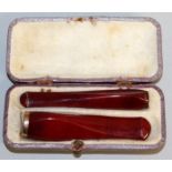 A PAIR OF AMBER CIGARETTE HOLDERS in a case.