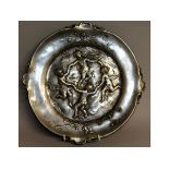 SYLVAN KINSBURGER. A GOOD ART NOUVEAU METAL TRAY decorated with four dancing cupids. Signed. 12ins