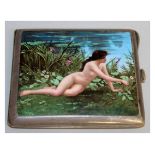 A CIGARETTE CASE with an enamel nude by a lake.