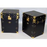 A PAIR OF BRASS BOUND BLACK LEATHER CLOTH TRUNKS, with applied military armorial's. 1ft 6ins wide