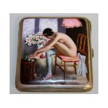 A SILVER CIGARETTE CASE with an enamel nude on a chair.