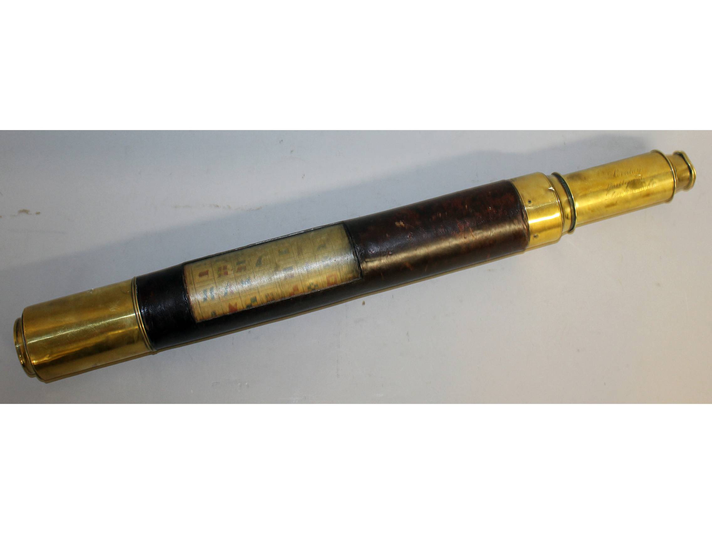 A 19TH CENTURY BRASS AND LEATHER FOLDING TELESCOPE.