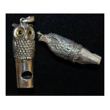 TWO SILVER NOVELTY WHISTLES, OWL and HAWK.