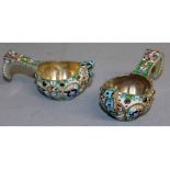 A GOOD PAIR OF RUSSIAN SILVER GILT AND ENAMEL KOVSH.