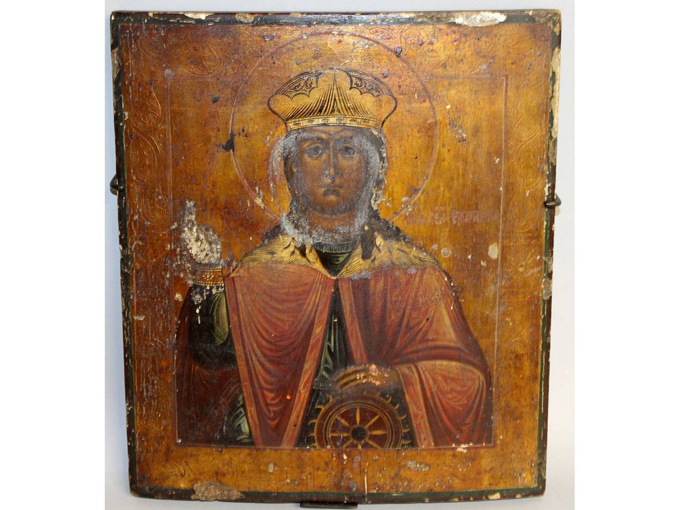 A GOOD EARLY RUSSIAN ICON OF A SAINT. 14ins x 12ins.