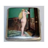 A CIGARETTE CASE with an enamel nude looking in a long mirror.