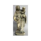 AN EARLY FRENCH CARVED STONE MADONNA AND CHILD on base. 22ins high.