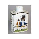 AN 18TH CENTURY PRATT WARE MACARONI TEA CANISTER decorated in relief with a gentleman and lady, both
