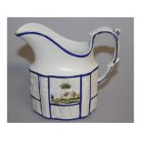 AN EARLY 19TH CENTURY CASTLEFORD TYPE CREAM JUG painted with two landscapes in moulded panels.