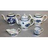 Three 18th century Liverpool teapots, one with cover, a cream boat, and a coffee can, all painted in