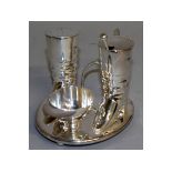 A SILVER PLATED THREE PIECE "HUNTING" CRUET.