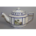 AN EARLY 19TH CENTURY CASTLEFORD TYPE TEAPOT AND COVER painted with two landscapes in moulded